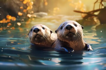 A pair of playful otters floating on their backs in a tranquil river, enjoying the afternoon sun.