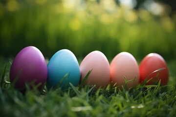 Fototapeta na wymiar a row of colorful eggs in the grass. Generative AI
