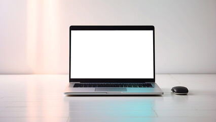 Laptop with a blank white screen on a light background. Photo for mockup