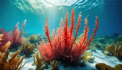 Fototapeta na wymiar fantasy underwater plants in tuberose red and brown palette seaweed art