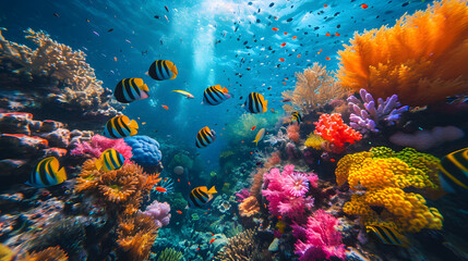 Fototapeta na wymiar tropical coral reef, colorful fish swimming through a vibrant coral reef, displaying the wonders of marine biodiversity