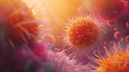 Close-Up of Infectious Microbes in Golden Light - Detailed Microscopic Simulation for Health Awareness