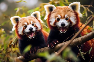 A pair of playful red pandas frolicking among the treetops in a bamboo forest.