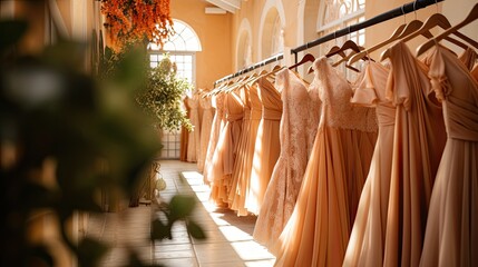Beautiful Elegant Bridesmaid Dresses on Hangers in Boutique Interior Generative AI	 - obrazy, fototapety, plakaty