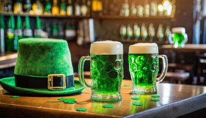mugs of green beer ale on the bar counter holiday of ireland on st patrick s day in irish pub bar festive leprikon s green hat national tradition of carnival celebrating march 17