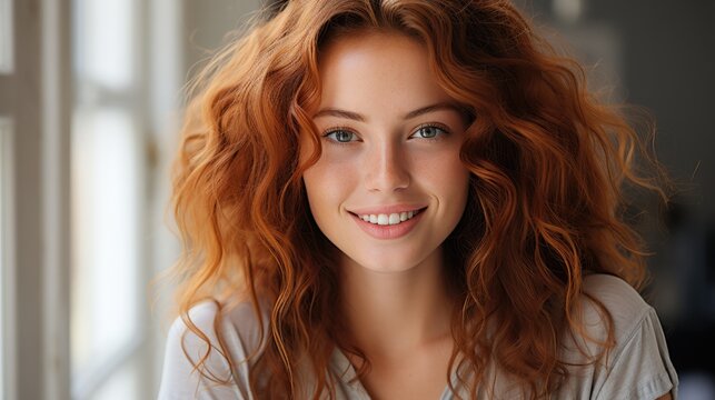 portrait of happy young caucasian red hair woman on gray background.