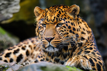Close-up of an Amur leopard in a graceful pose.