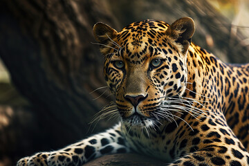 Leopard in a tense pose, close-up