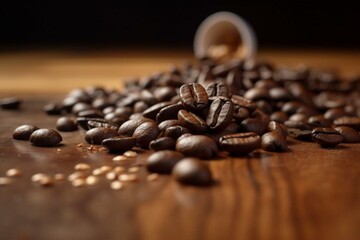 A heap of coffee beans and scattered beans on a table with one bean in the center. Generative AI