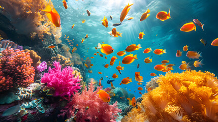 Fototapeta na wymiar coral reef and fish, colorful fish swimming through a vibrant coral reef, displaying the wonders of marine biodiversity