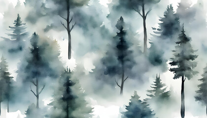 Mystical Winter Wonderland: Watercolor Foggy Forest Landscape Illustration. Embrace the Serene Beauty of Wild Nature in Abstract Graphic Art, Isolated on Transparent Background