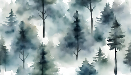 Obraz premium Mystical Winter Wonderland: Watercolor Foggy Forest Landscape Illustration. Embrace the Serene Beauty of Wild Nature in Abstract Graphic Art, Isolated on Transparent Background