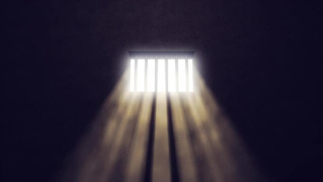 Prison cell interior, sunrays coming through a barred window. Freedom concept