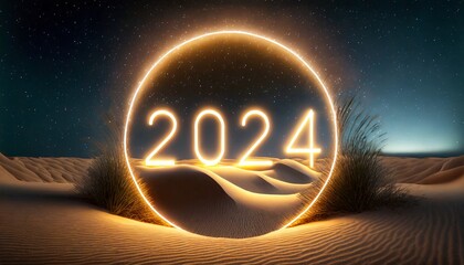 glowing neon numbers in a circle with sand dunes on a dark background new year 2024 concept  - obrazy, fototapety, plakaty