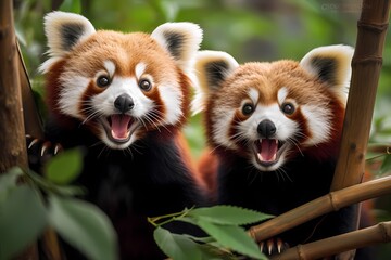 A pair of playful red pandas frolicking among the treetops in a bamboo forest.