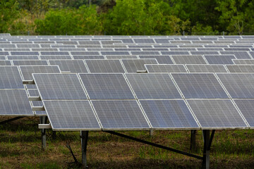 Solar panels field.Photovoltaic modules for renewable energy.Save the earth and the energy.Good environment and green energy concept.