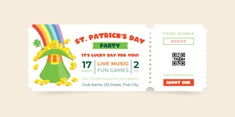 St. Patrick's Day celebration party ticket template. Invitation background decorated with a rainbow light falls into a green leprechaun hat full of coins. Vector 10 EPS. - obrazy, fototapety, plakaty