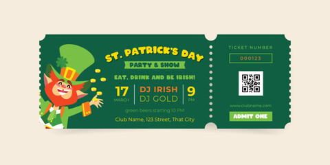 St. Patrick's Day celebration party ticket template. Invitation background decorated with a funny smiling leprechaun playing with coins. Vector 10 EPS.