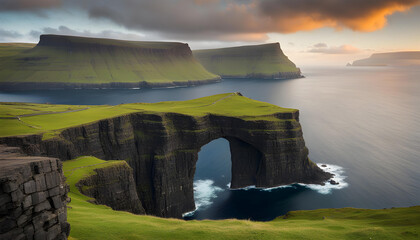 Drangarnir Arch: A Breathtaking Atlantic Ocean Landscape Featuring the Majestic Cliffs of the Faroe...