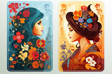 Profile portrait of autumn women and winter women in cartoon vector style