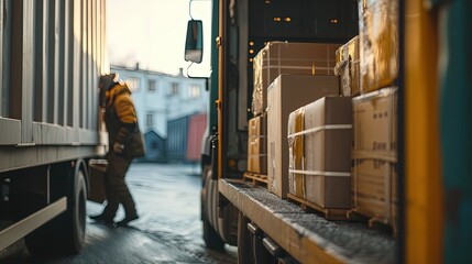 The freight forwarder loads the cargo into the truck. Close-up view. Copy space. - obrazy, fototapety, plakaty