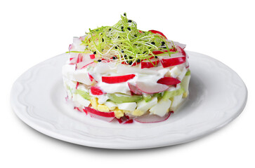 Radish Salad with Cucumber, Eggs and Sour Cream on White Background