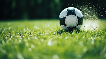Soccer Player Runs to Kick the Ball. Ball on the Grass Field of Arena. Created with Generative AI