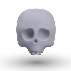 Front view on scull in gray color. Concept of Halloween object. Mask or costume element on white background. Skull with bone. Vector illustration in 3d style with shadow