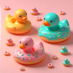 Colorful delicious donuts shaped like rubber ducks on a pastel pink background. Tasty dessert food concept in minimalism style. Wide screen wallpaper. Panoramic web banner with copy space for design.