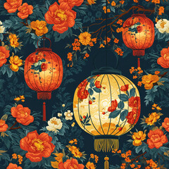 Seamless Pattern Chinese New Year with Object Chinese Lantern, Red Flower - Generative Ai