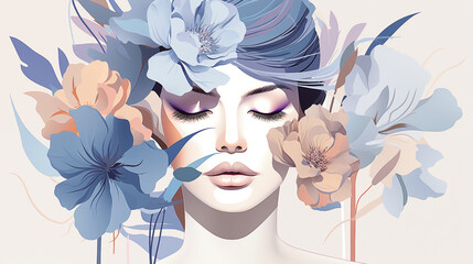 Beautiful young woman with flowers in her hair, 3d illustration surrealistic painting. Ai generative.