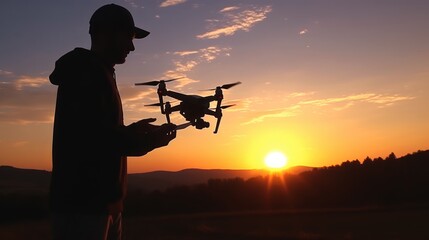 Man operating a drone with remote control. silhouette. Young man piloting a drone in flight with remote controller. Concepts of drone pilot and aerial filming.