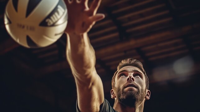 Male volleyball player reaching for ball with hands.