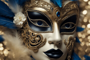 Blue and gold Venetian carnival mask with feathers, copy space