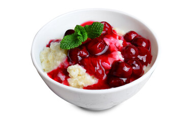 Rice Pudding with Cherry Sauce on White Background