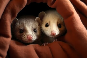 A pair of tiny ferrets playing hide-and-seek in a cozy den.