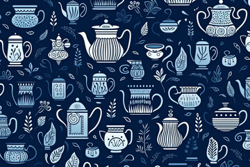 Background of white cartoon cups and teapots on a blue background in vector style
