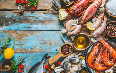 Top view image of delectable spread of fresh seafood on table with copy space.