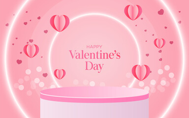Valentine's Elegance Gradient Podium with Heart Balloons and Confetti. Bokeh Lights on a Pink Background, Enhanced by Chic Vertical Stripes. Perfect Backdrop for Showcase