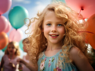 Fototapeta na wymiar A joyful girl with curly blond hair beams brightly as she stands surrounded by colorful balloons under an open sky.