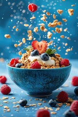 Healthy morning. Breakfast with granola,  yogurt and berries in bowl