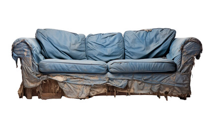  front view of a torn, tattered, and old low-profile sofa isolated on a white transparent background