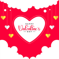 Valentine's Day Card with a Red Background, White Clouds, and a Shower of Red and Pink Hearts. Central Greeting Happy Valentine's Day in Whimsical Red and Pink, Creating a Dreamy Atmosphere