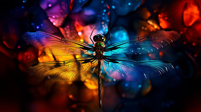 Multi-colored, vibrant abstract texture, wing of psychedelic dragonfly under microscope