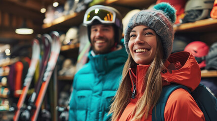 Fototapeta premium Portrait of smiling woman and man in ski equipment who is standing with ski, helmets and boots in sport shop