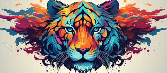 Fotobehang Illustration tiger head with watercolor style with abstract elements on white background. Generate AI © artpray