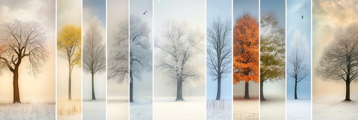 Winter mood  collage divided with white vertical lines and bright light white segments - obrazy, fototapety, plakaty