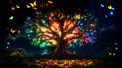 Naklejka premium Magical glowing tree with fireflies