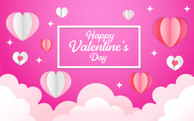 Valentine's Day Backdrop Featuring Pink Paper Hearts and Clouds. Two Central Hearts Amidst a Sprinkle of Pink and Red. White Clouds Form a Dreamy Backdrop, Topped with 'Happy Valentine's Day' in Pink