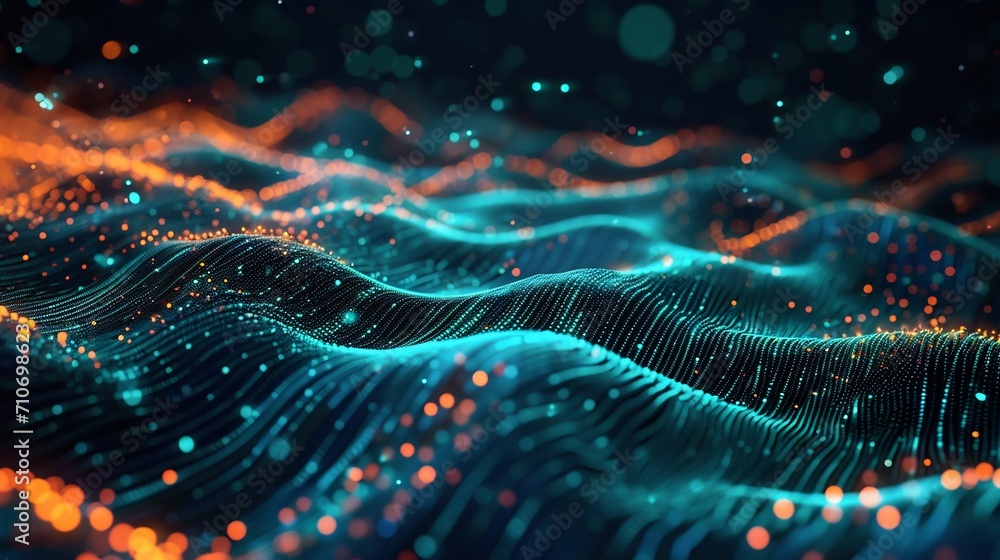 Poster digital waves: abstract data particles flow. generative ai